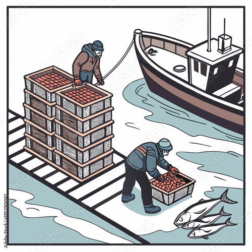 Fishermen unloading crates of fresh seafood from boat on dock