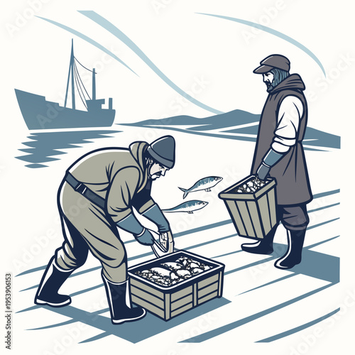 Two men in fishing gear sorting and holding crates of fish on a dock with a boat in the background on a sunny day