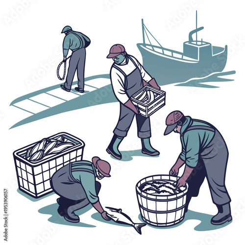 Fishermen unloading catch into crates on dock near boat