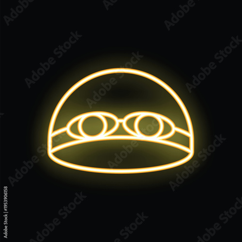 Glowing neon icon of swimming goggles and a cap is shining on a black background