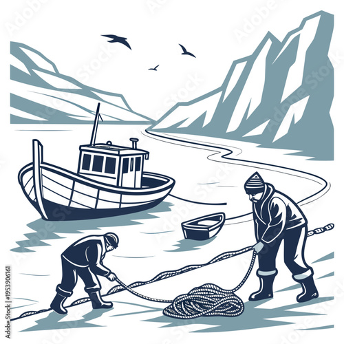 Two men working together to prepare a fishing net on the shore with a boat and mountain range in the background