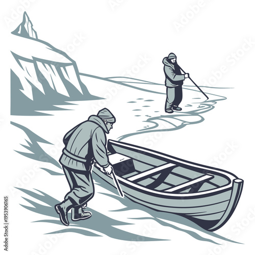 Two men in winter clothing pulling a boat through icy waters near a snowy mountain
