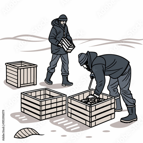 Two men in winter clothing putting oysters into wooden crates on snowy ground with waves in background
