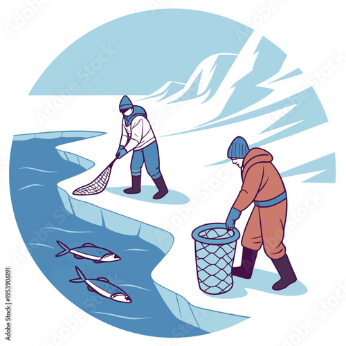 Illustration of two people ice fishing on frozen lake with snowy mountains