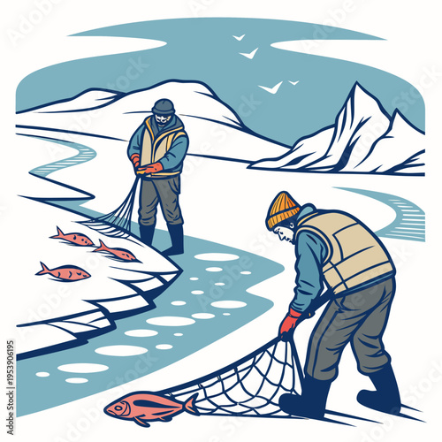 Two men ice fishing on a frozen river with nets and catching fish in a winter landscape with snow covered mountains