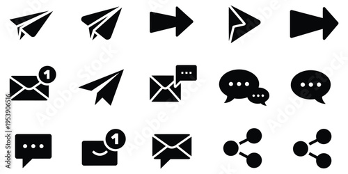 Communication icons including arrows, envelopes, and messages silhouette