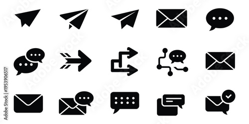Communication icons including arrows, envelopes, and messages silhouette on transparent background
