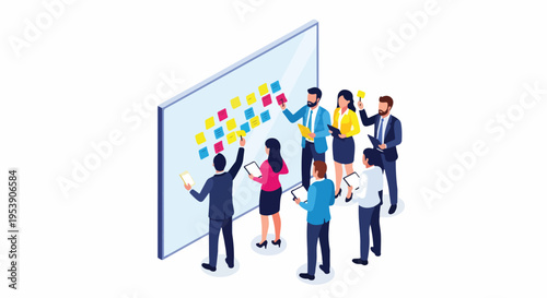 Business team collaborating on a project with sticky notes.