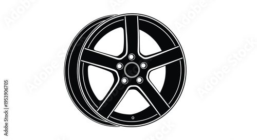 A detailed black and white illustration of a modern five spoke car wheel side view high quality professional