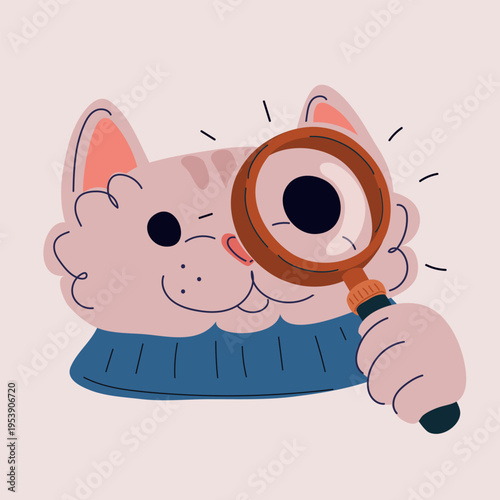 Vector illustration of cat looking through magnifying glass, concept of curiosity, investigation and attention to detail