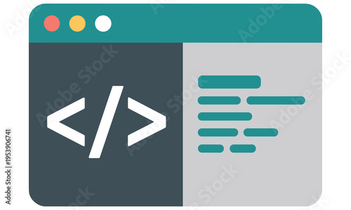 Vector graphic illustration of a browser window with coding symbol and text representing web development and coding concepts.