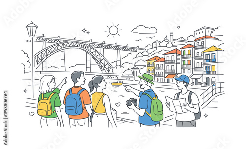A small group exploring the historic Ribeira district in Porto, engaging with scenic views and everyday urban life in a picturesque European setting, represented by a clear visual