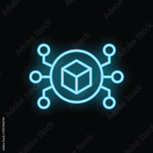 Glowing blue neon blockchain network connecting through digital cube symbol on black background concept