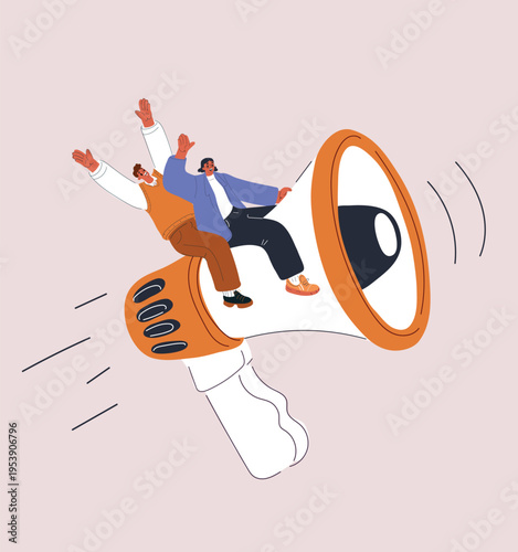 Vector illustration of people flying together on megaphone, concept of amplified voice, teamwork and collective action