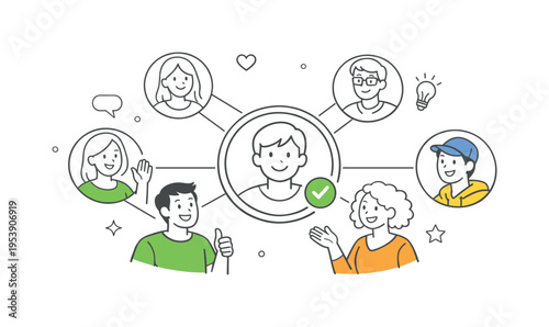 A community and networking concept where people present themselves visually through simple recognizable portraits while joining a collaborative platform or team directory, visual