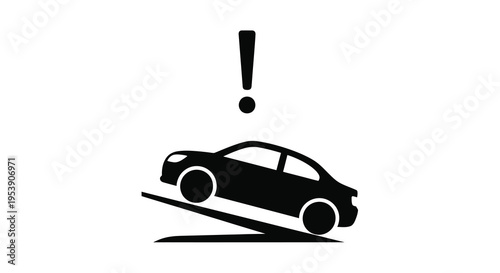 A stark black silhouette depicts a car seemingly falling with an exclamation point above