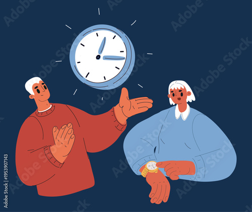 Vector illustration of a woman showing wristwatches to a man, time and punctuality concept