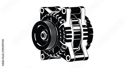 A detailed black and white illustration depicts an automotive alternator component showcasing its complex internal structure