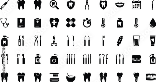 A comprehensive collection of black dental icons featuring various tools and oral health symbols Vector, illustration
