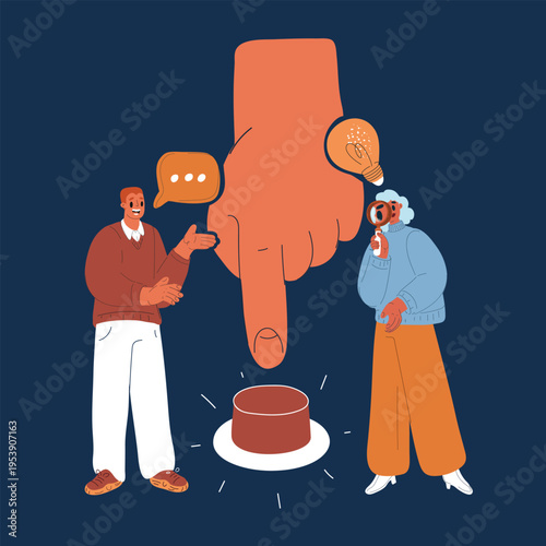 Vector illustration of people next to button while giant hand presses it, concept of decision making, action and influence