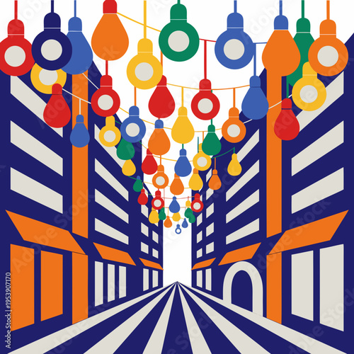 Festive City Street with Hanging Lightbulbs — Colorful Flat Illustration for Urban Celebration & Event Design
