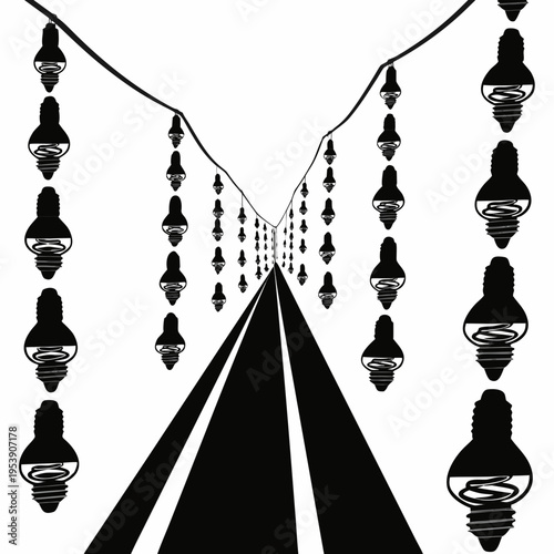 Perspective Lightbulb Tunnel Icon — Infinite Rows of Hanging Bulbs on Vanishing Road for Innovation & Ideas
