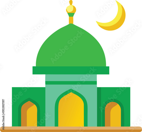 Stylized illustration of a green mosque with a yellow crescent moon