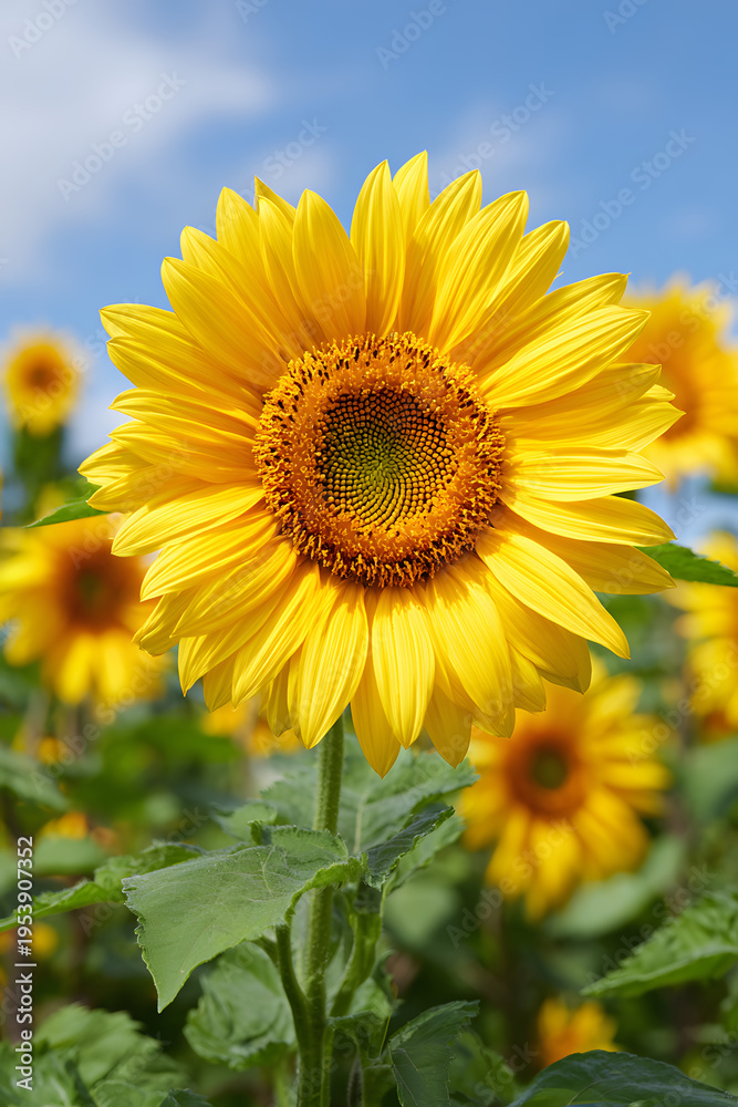 Obraz premium A stunning close-up of a vibrant yellow sunflower in full bloom against a clear blue sky with fluffy clouds in a sunlit field, showcasing beautiful yellow petals and intricate seed patterns.