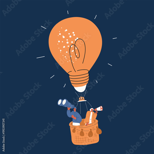 Vector illustration of people flying on light bulb instead of hot air balloon with binoculars and spyglass, concept of visionary ideas and exploration