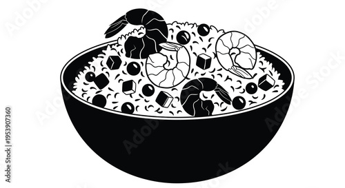 A black and white illustration depicts a bowl filled with shrimp fried rice and peas