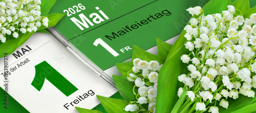 Deutscher Kalender Datum 1. Mai  2026 Tag der Arbeit und Maiglöckchen