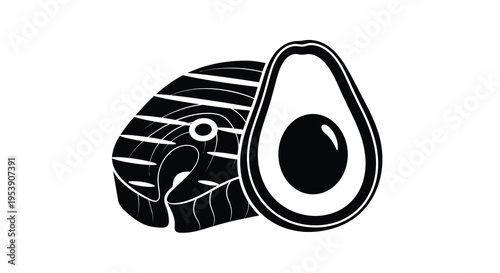 A graphic illustration depicts a salmon steak alongside a halved avocado both in black