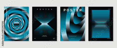 Blue abstract gradient poster collection with glossy spiral forms