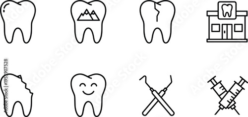A collection of various simple black and white line art icons depicting dental and oral health care Vector, illustration