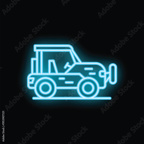 Blue neon sign depicting a 4x4 off road vehicle, perfect for themes of adventure, travel, and off roading