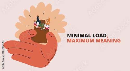 Vector illustration of hand holding small grocery bag, concept of daily shopping, care and nourishment