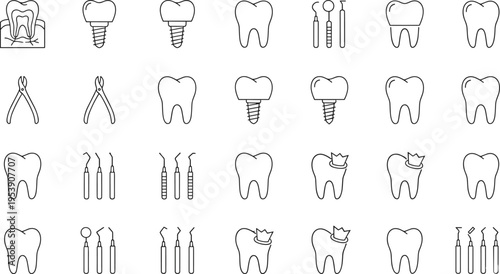 A comprehensive collection of dental icons featuring various teeth structures and medical tools Vector, illustration