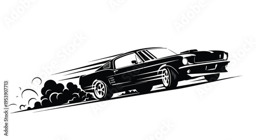 A sleek black vector illustration of a mustang car speeding with smoke and flames trailing behind it on a white background