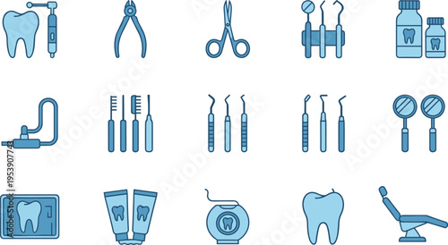 A comprehensive collection of blue dental and oral healthcare icons for professional clinic use Vector, illustration