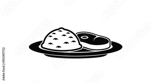 A black and white illustration depicts a plate featuring a portion of rice and grilled steak