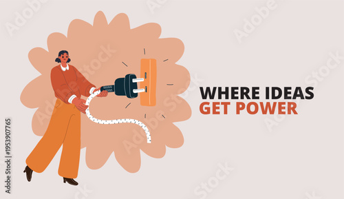 Vector illustration of woman plugging in power cord, concept of connection, energy and activation