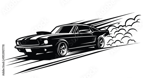 A sleek black vector illustration of a speeding Mustang car with motion lines, conveying a sense of dynamic movement and power on a white background