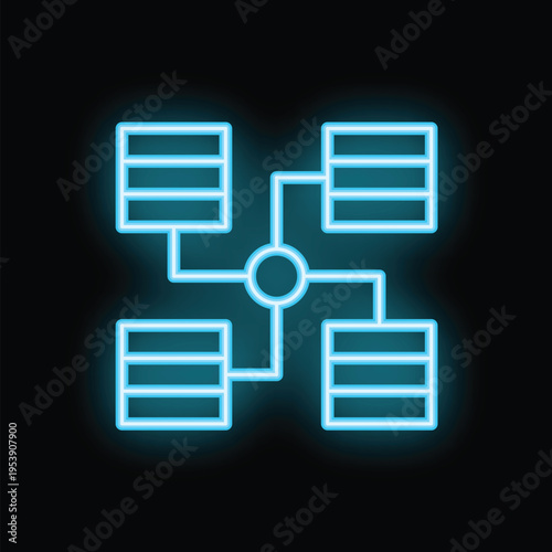 Neon blue server network connecting on black background representing concepts such as cloud computing, data storage and cybersecurity