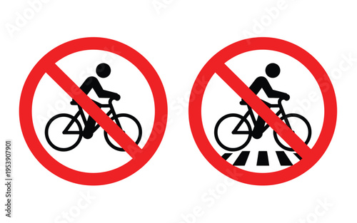 Bicycle Forbidden on Crosswalk Sign Featuring No Bike Prohibition Pedestrian Crossing Safety Warning Traffic Symbol Vector Illustration