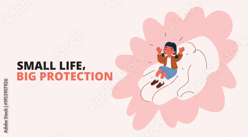 Vector illustration of girl sitting on large hand, concept of care, protection and safety