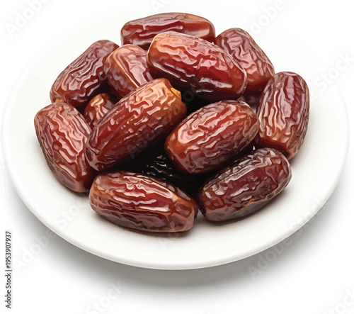 Plate of dates fruit for healthy snacking and food photography, isolated on white background