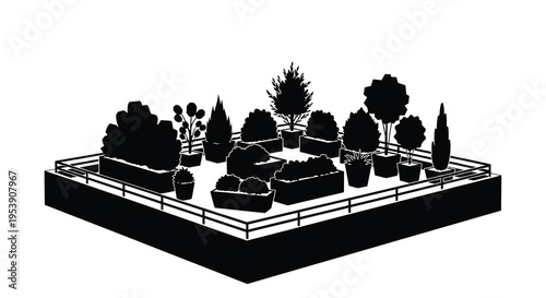 A minimalist black and white rendering depicts a rooftop garden with various shaped trees and shrubs