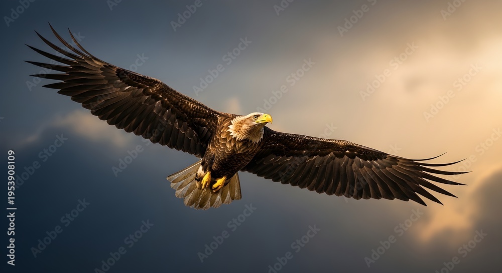 Obraz premium Majestic Bald Eagle Soaring Through Dramatic Sky