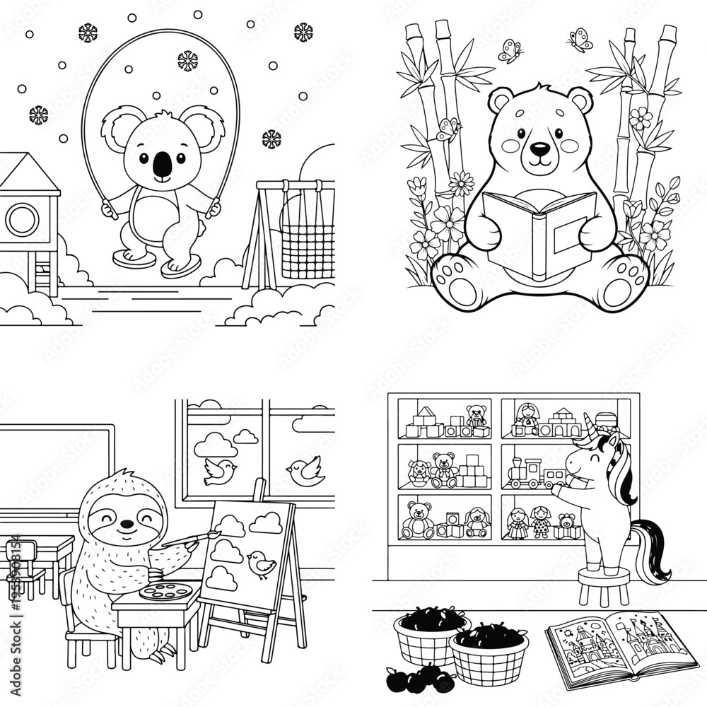 Fototapeta premium Koala jumping rope, bear reading, sloth at desk, horse in store vector art, line art