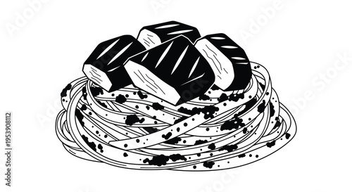 A black and white illustration depicts a mound of spaghetti topped with grilled meat high quality professional